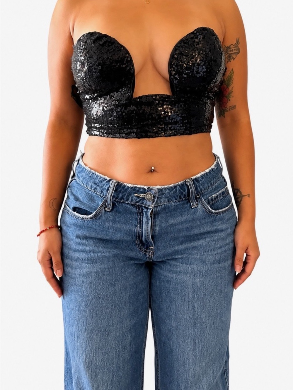 AKIRA Black Sequin Strapless Crop Tank Top